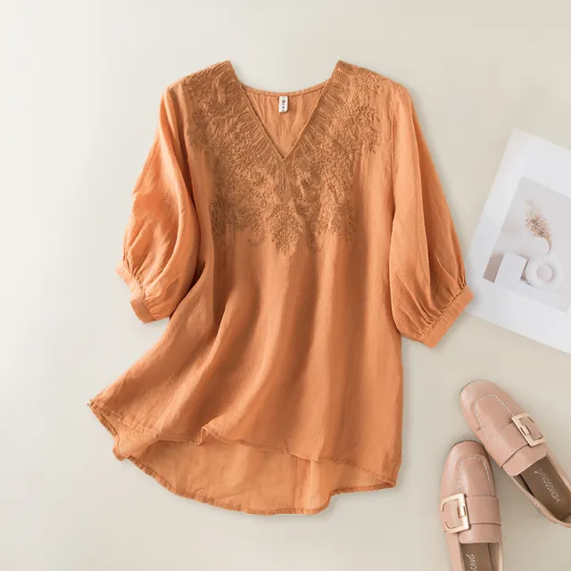 Women's Fashion Loose Ramie Short Sleeve Embroidered Top Orange - Shop at LoveMi