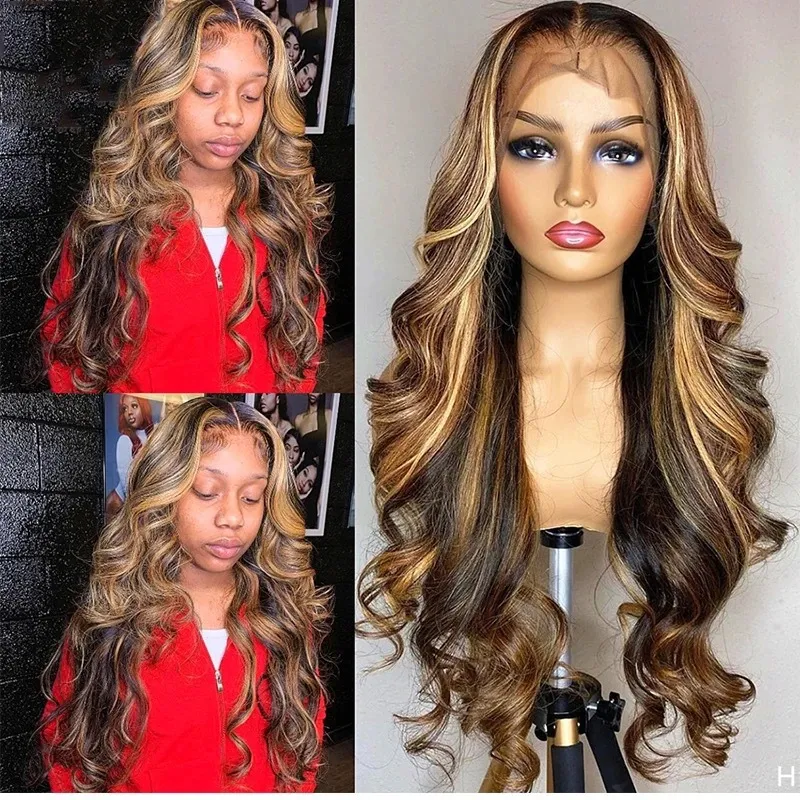 Front Lace Wig 134 Gradient Color Long Curly Wig Head Cover - Piano Color