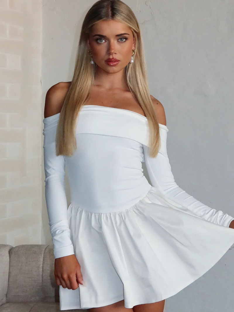 One shoulder Autumn And Winter High end Slim fit Long sleeved Bodycon Dress White - Shop at LoveMi