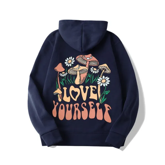 Plus Size Loose Mushroom Slogan Hoodie Navy - Shop at LoveMi