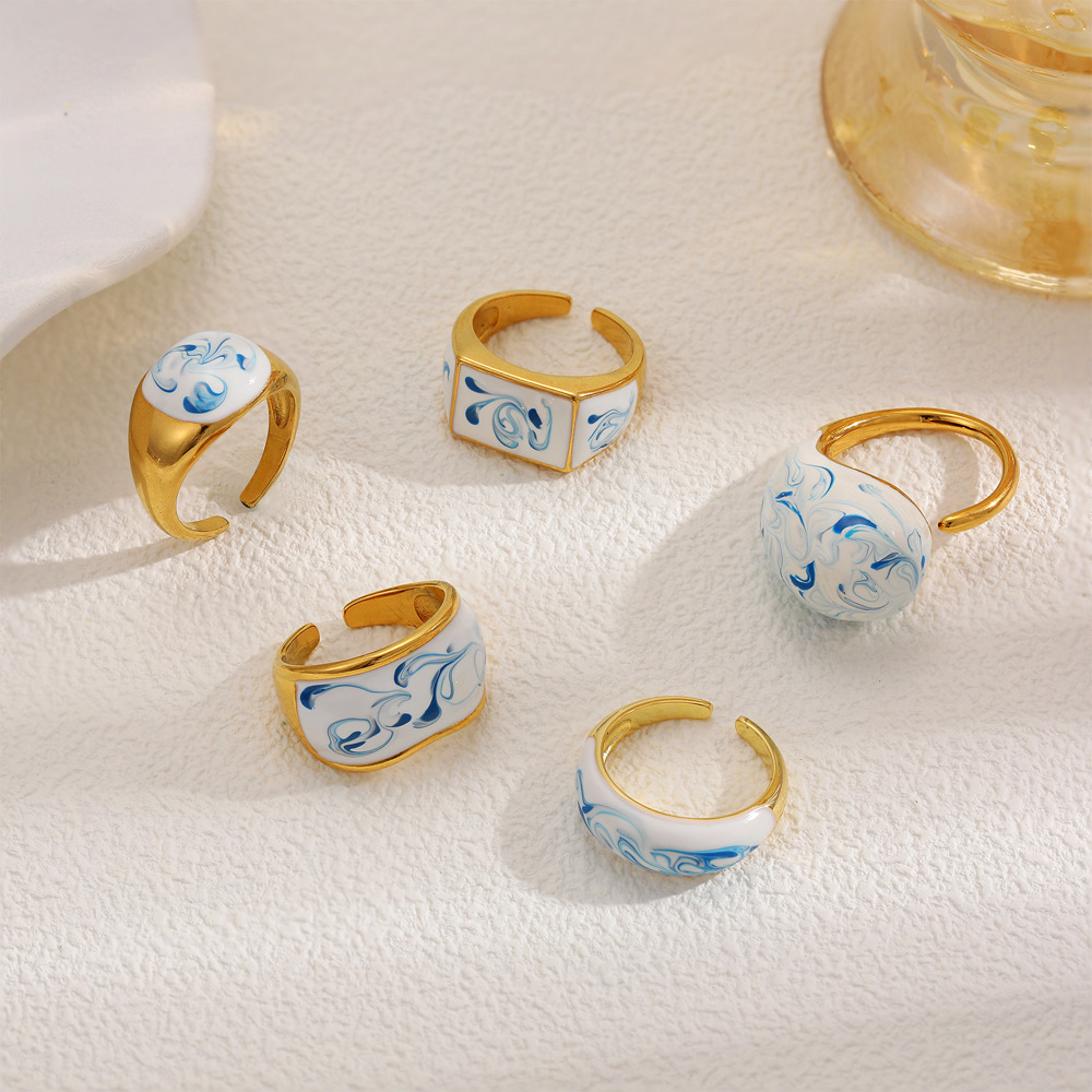 Vintage Enamel Oil-Blue And White Pattern Ring For Women