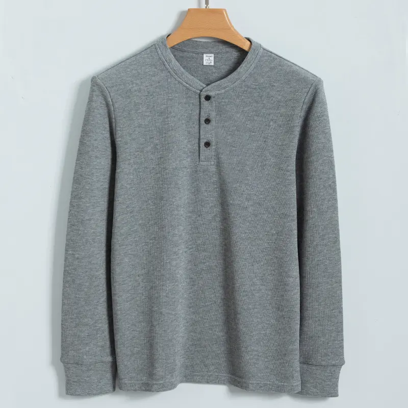 Mens Cotton Wrinkle-free Pre-washed Casual Round-neck Long-sleeve