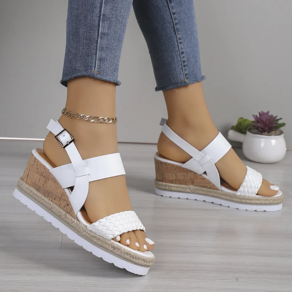 Ankle-strap Sandals Women's Casual Shoes Open Toe Wedge Plus Size - White