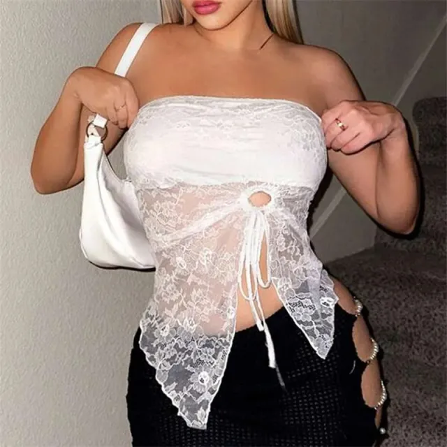 Women's Solid Color Chest wrapped Beveled Lace Stitching Tied Top White - Shop at LoveMi