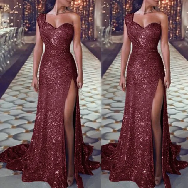 Women's Clothing One shoulder Sleeveless Bronzing Split Dress Red - Shop at LoveMi