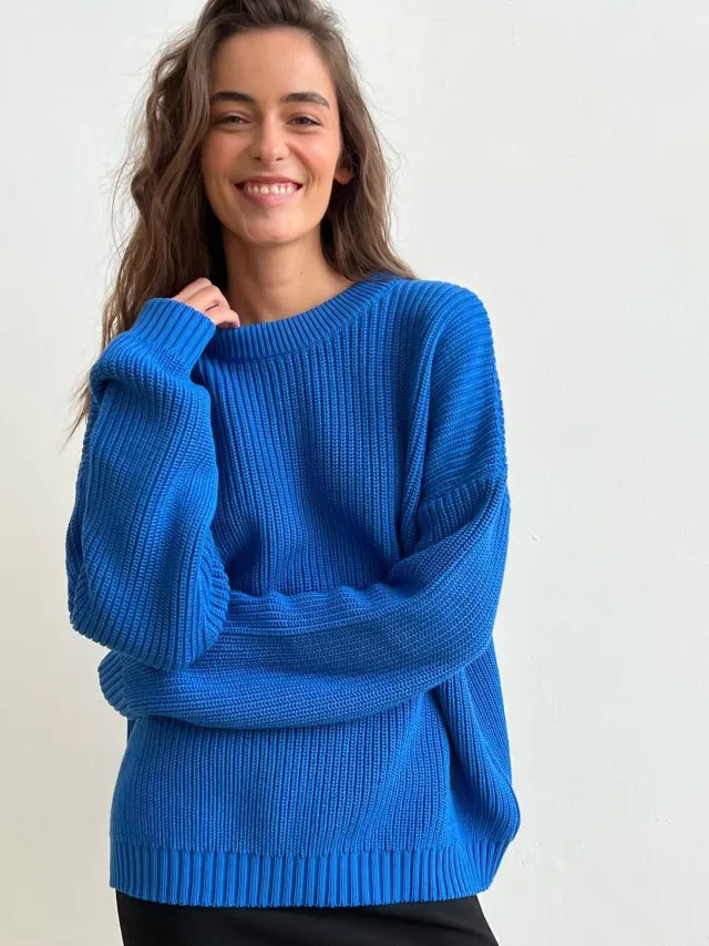 Sweater Round Neck Loose Solid Color Sweater Sapphire Blue - Shop at LoveMi