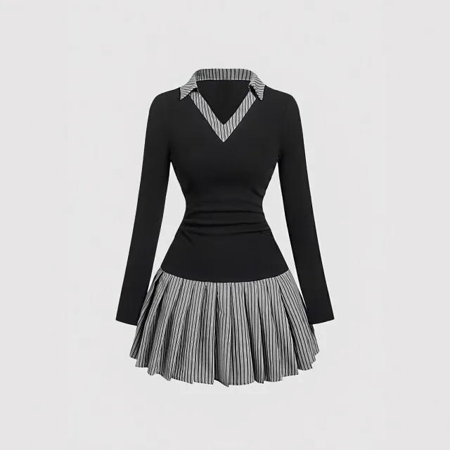 Korean Style Preppy Striped Patchwork Two Piece Look Dress Mixed Color M - Shop at LoveMi