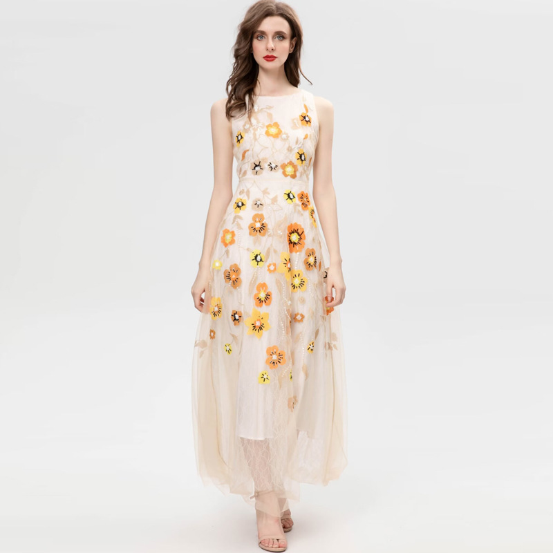 Exquisite Embroidery Floral Sequined Sleeveless Apricot Swing Long Dress — image 1