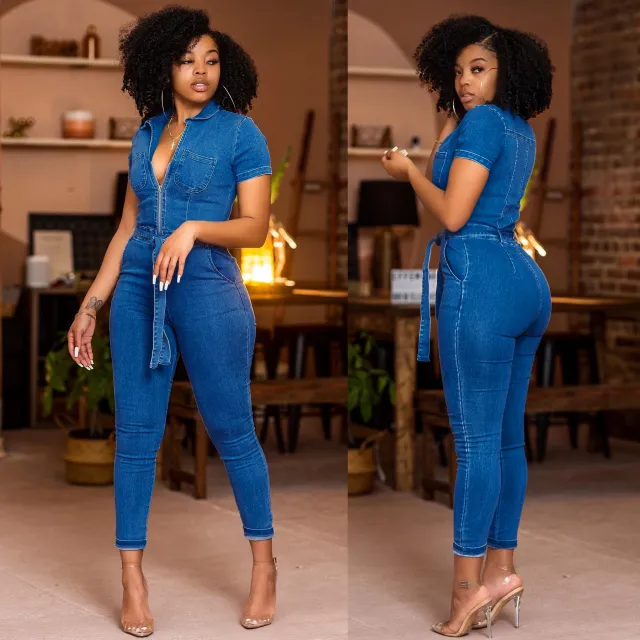 Washed Fashionable Sleeveless One piece Denim Trousers Denim Blue - Shop at LoveMi