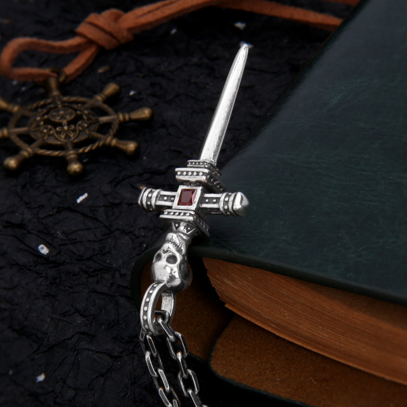 S925 Sterling Silver Skull Knight Sword Cross Pendant