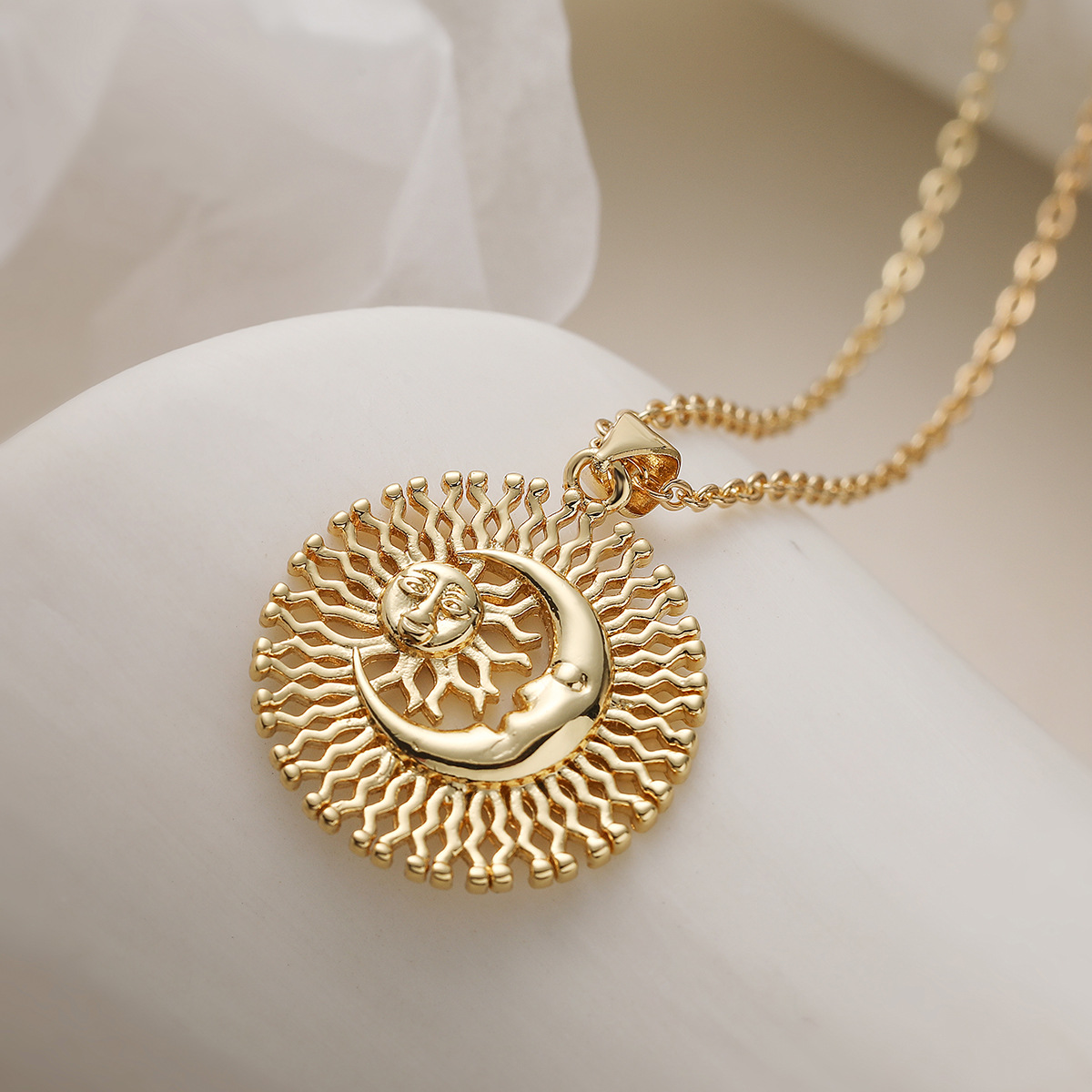 Gold-Plated Sun and Moon Pendant Necklace, picture 4 of 5
