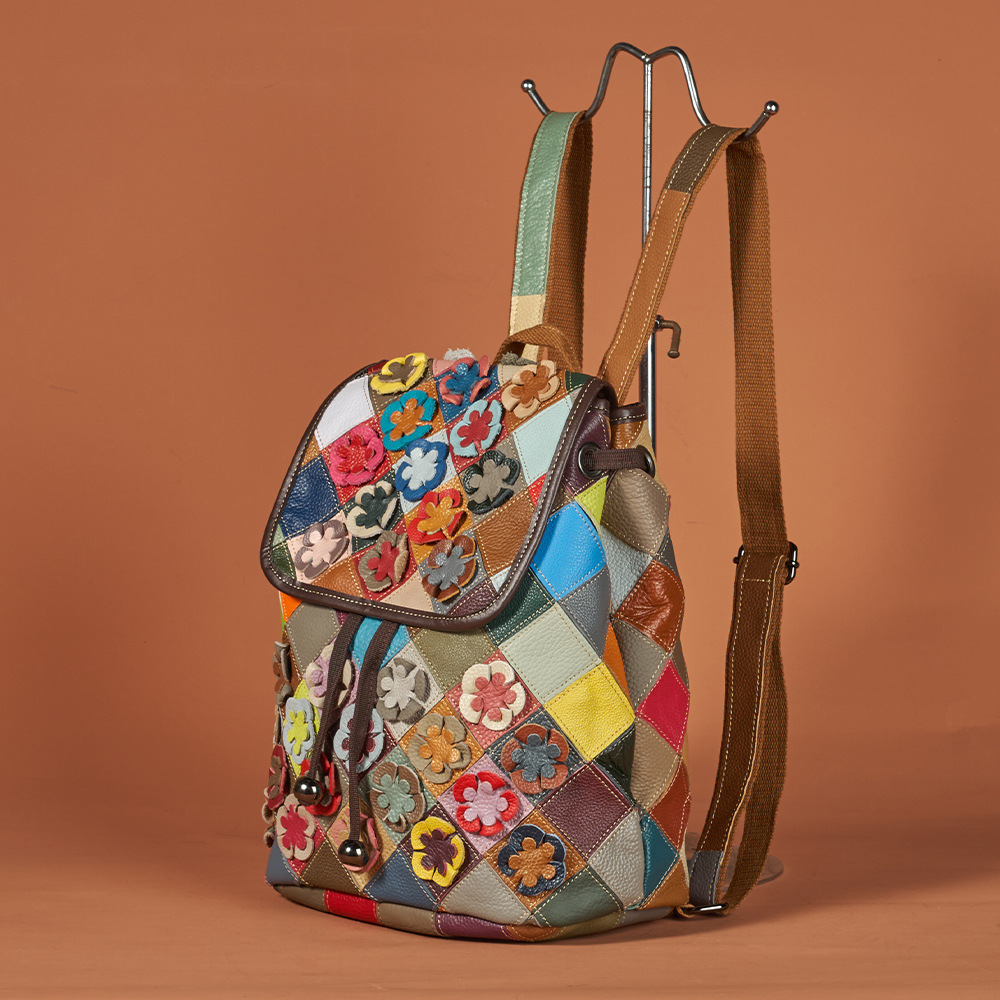 Vintage Cowhide Womens Bag With Hand-stitched Floral Patchwork