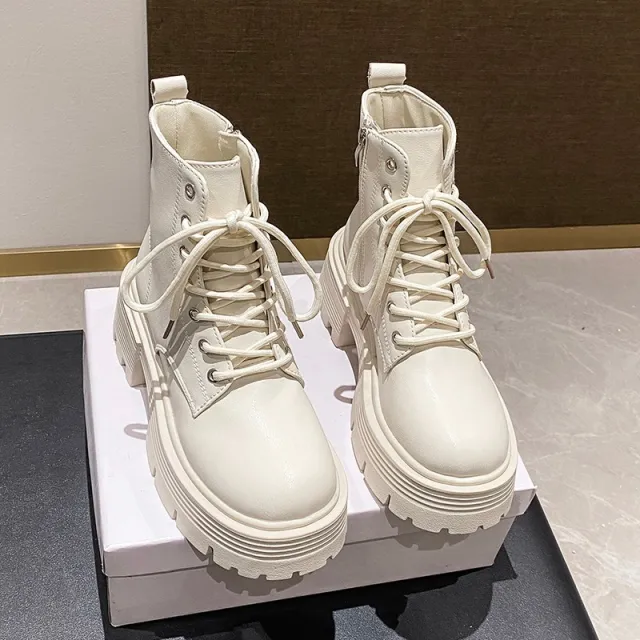 Retro Platform Versatile Thin Height increasing Short Boots Beige - Shop at LoveMi