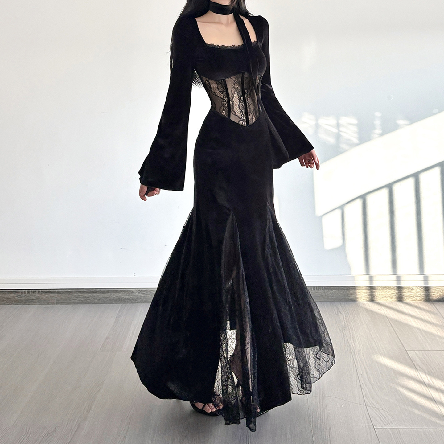 Square-neck Flared-sleeve See-through Lace-panelled Waist-defined Dress