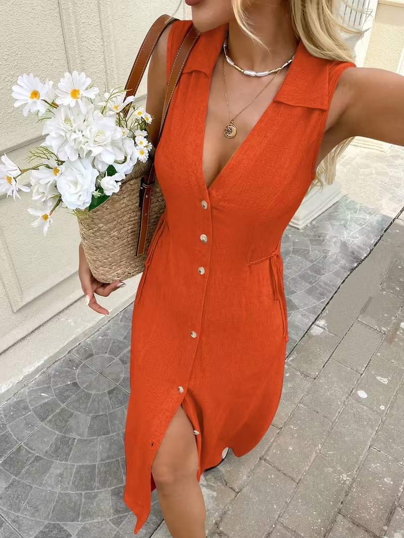 Solid Color And V neck Bohemian Sleeveless Button Dress Orange - Shop at LoveMi