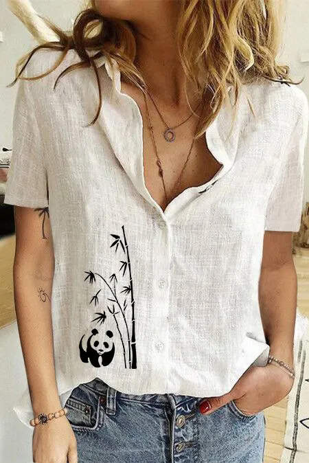 Women's Printed Linen Shirt Short Sleeve White 1341 - Shop at LoveMi