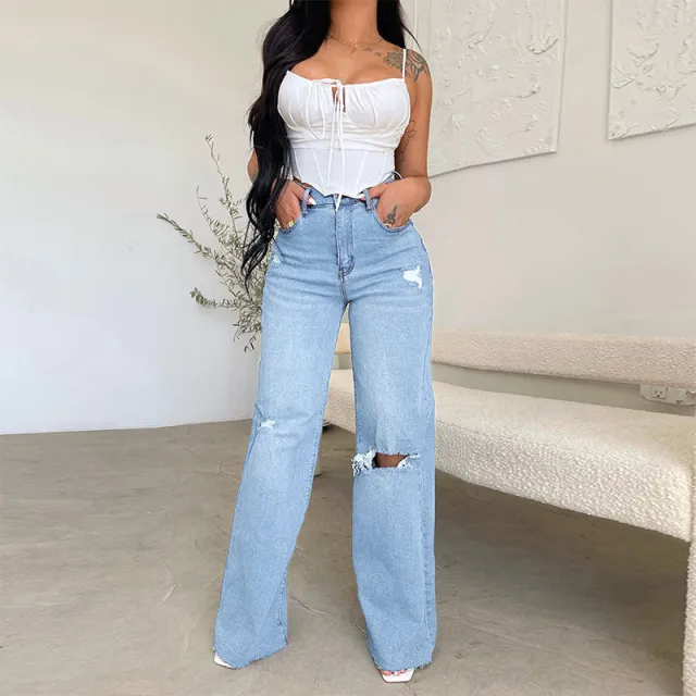 Fashion Holes Frayed Casual Pants Light Blue - Shop at LoveMi