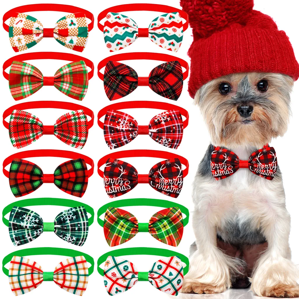 Christmas Plaid Striped Bow Tie Dog Cat One-word Bow Tie Multiple Colors - Set