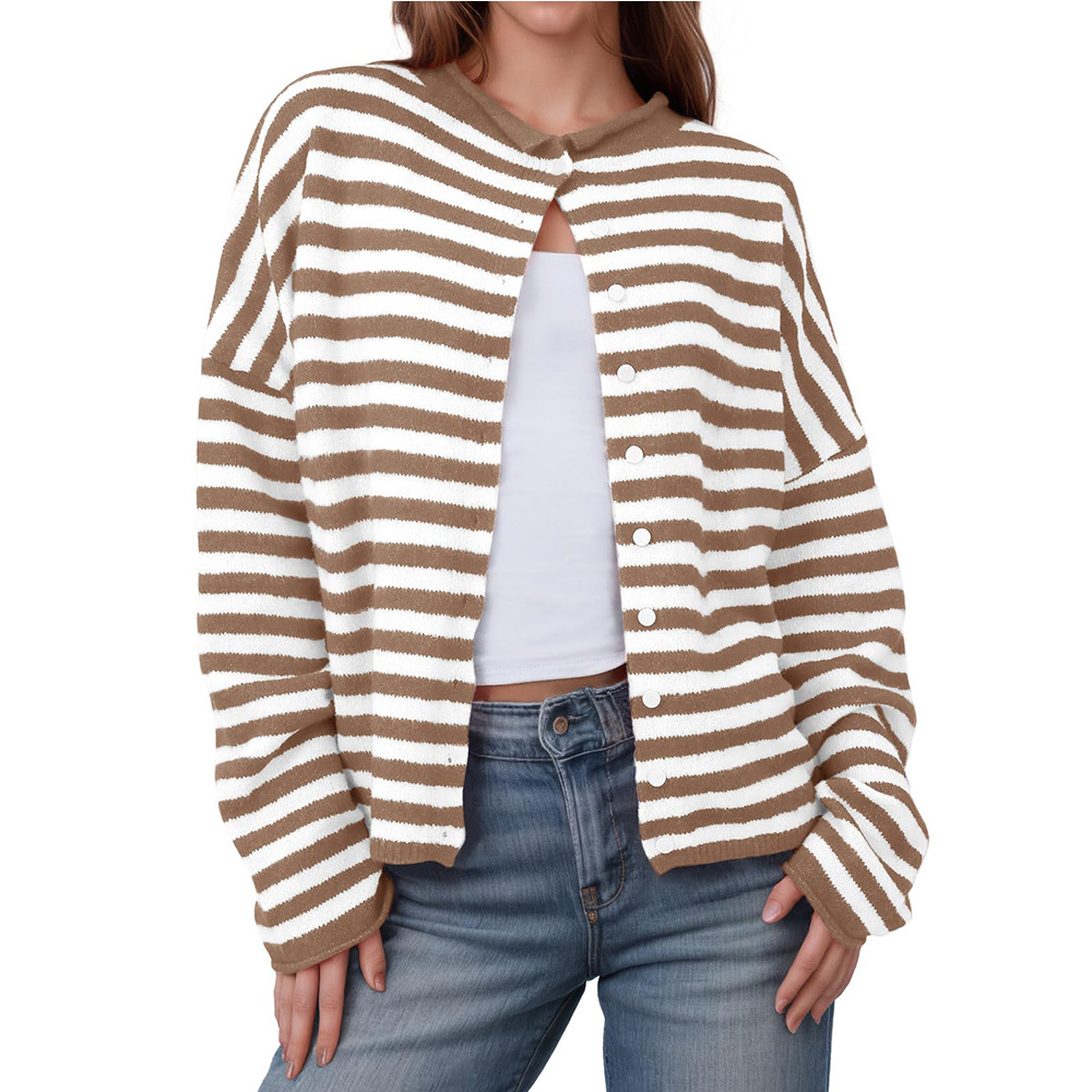 Women's Striped Contrast Color Sweater Long Sleeve Casual Cardigan