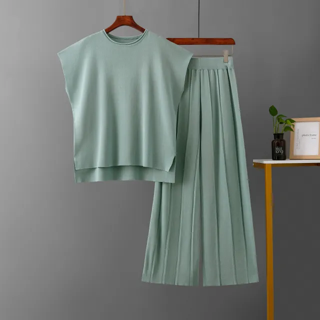 Sleeveless Vest Knit Wide leg Pants Plus size Ice Silk Set Green - Shop at LoveMi