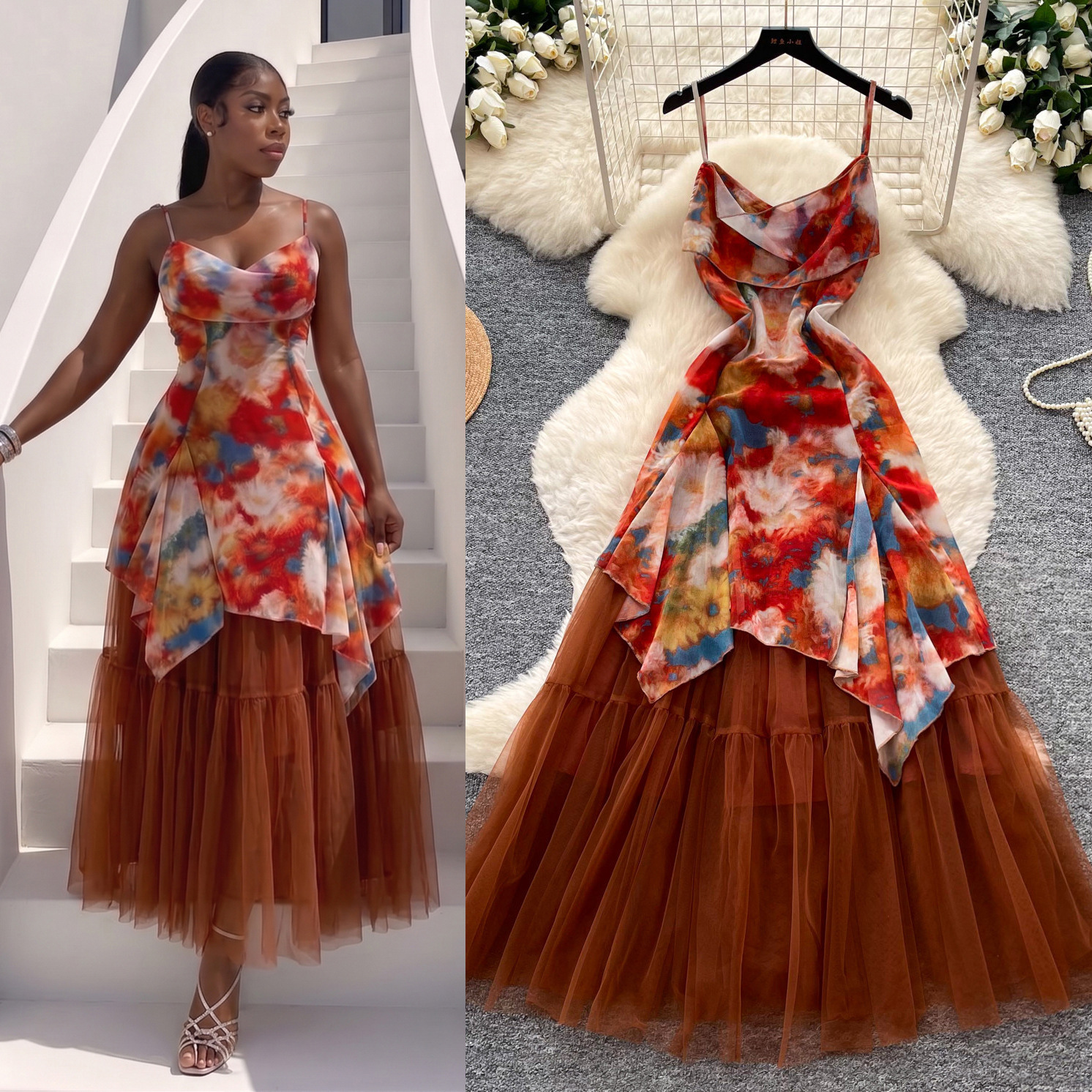 Ombre-print Mesh Strap Dress Womens High-waisted