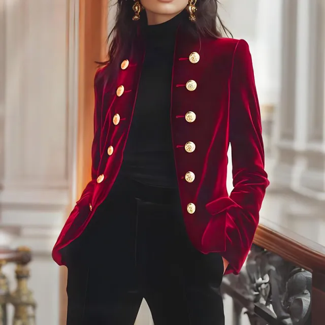 Women's Fashion Retro Solid Color Double Breasted Jacket Wine Red - Shop at LoveMi
