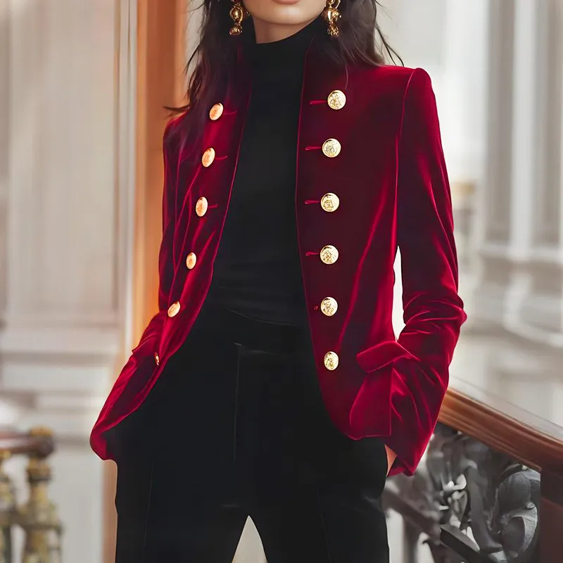Women's Fashion Retro Solid Color Double Breasted Jacket - Wine Red