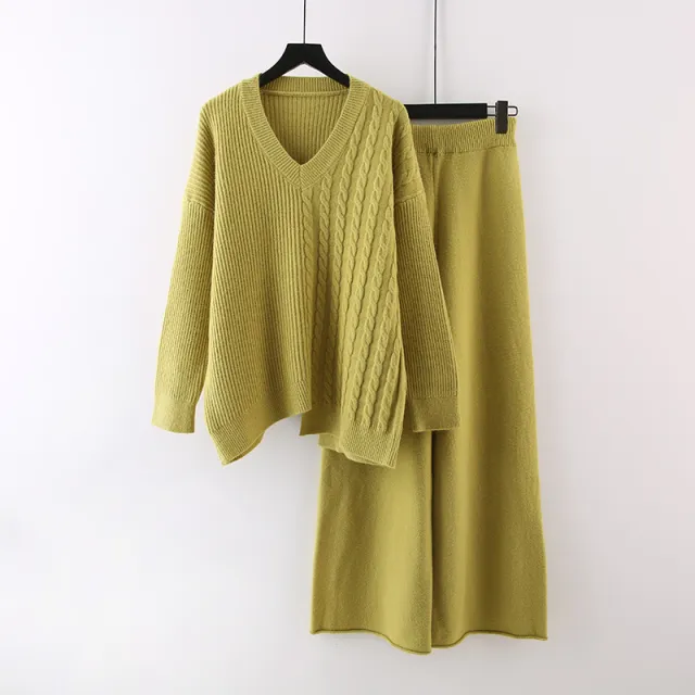 Solid Color And V neck Sweater Autumn And Winter New Loose Casual Knitted All matching Wide Leg Pants Two piece Suit Yellow - Shop at LoveMi