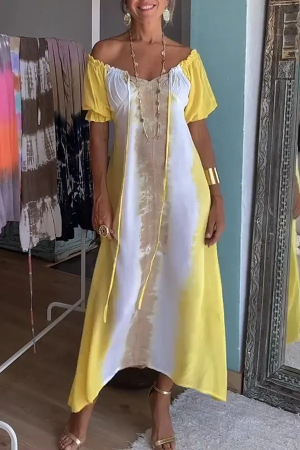 European And American Summer Printed V neck Irregular Dress Women Yellow - Shop at LoveMi