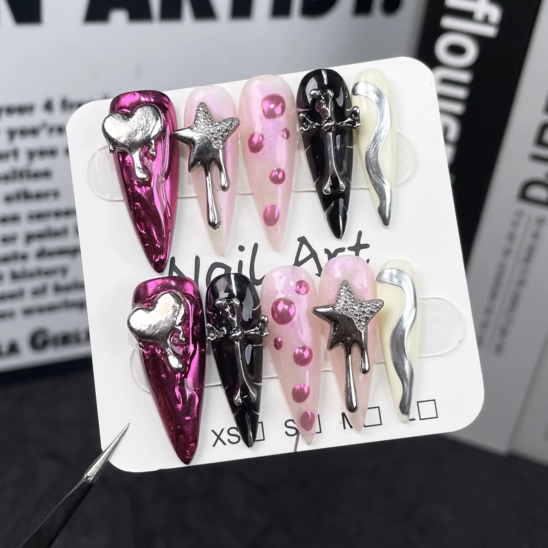 Long Pointed Handcrafted Wearable Nails With Metallic Embossing From Europe And The US