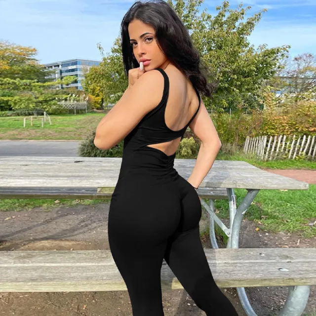 Women's Solid Color Slim Fit Backless Sleeveless Shoulder Strap Jumpsuit Black - Shop at LoveMi