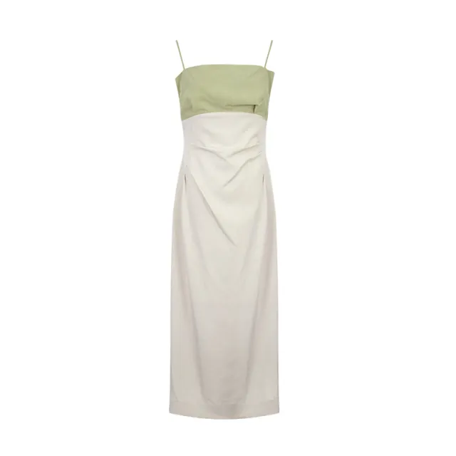 Color Matching High Waist Slip Pleated Slim fit Dress White Tea Creamy Green - Shop at LoveMi