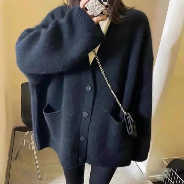 Retro Knitted Cardigan High grade Soft Glutinous Lazy Sweater Black - Shop at LoveMi