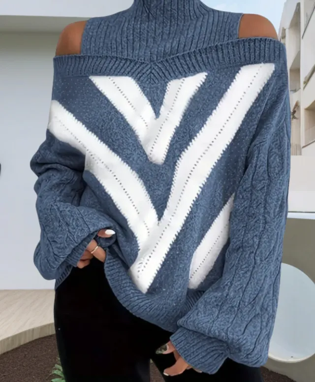 Autumn And Winter Geometric Color Matching Casual Loose fitting Women's Sweater Blue - Shop at LoveMi