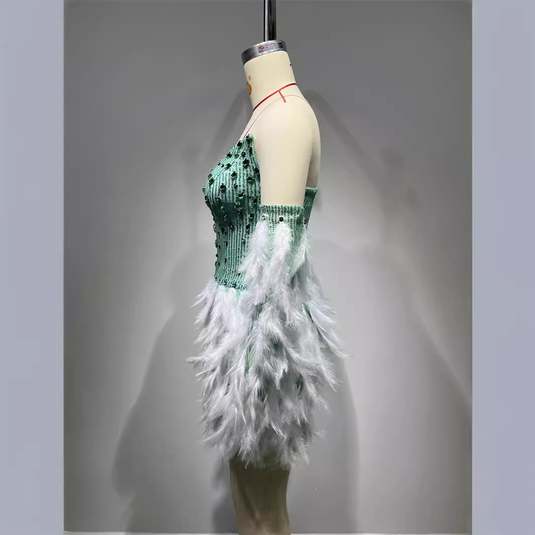 Fashionable Feather Sleeve Green Gem Sequined Tube Top Miniskirt