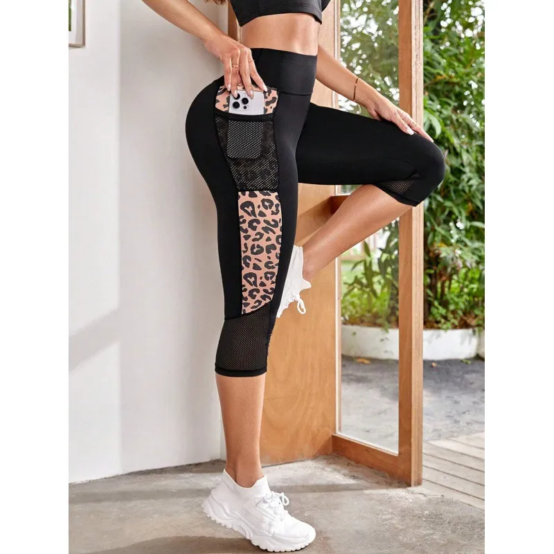 Female Leopard Splicing High Waist Yoga Pants - Black Net Leopard Print