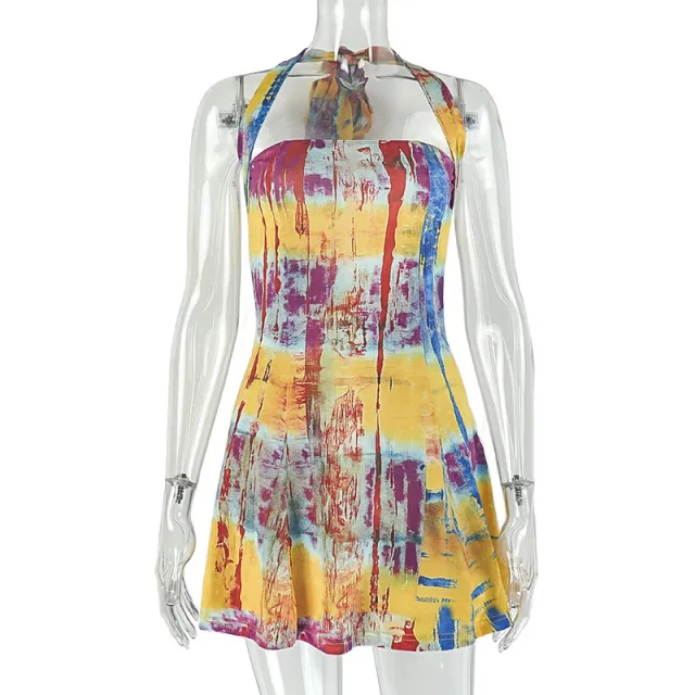 Women's Figure flattering Backless Printed Color block A line Dress Color M - Shop at LoveMi