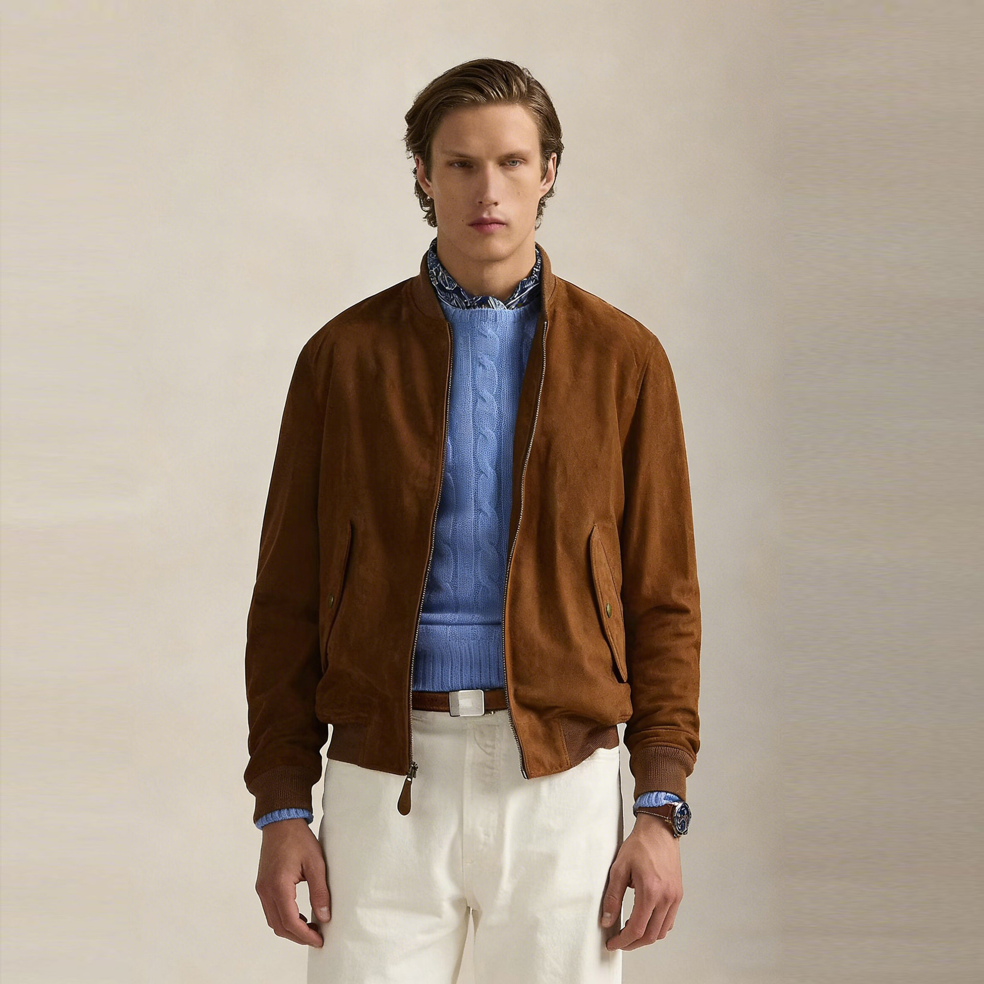 Mens American-style Leather Jacket With A Stand-up Collar