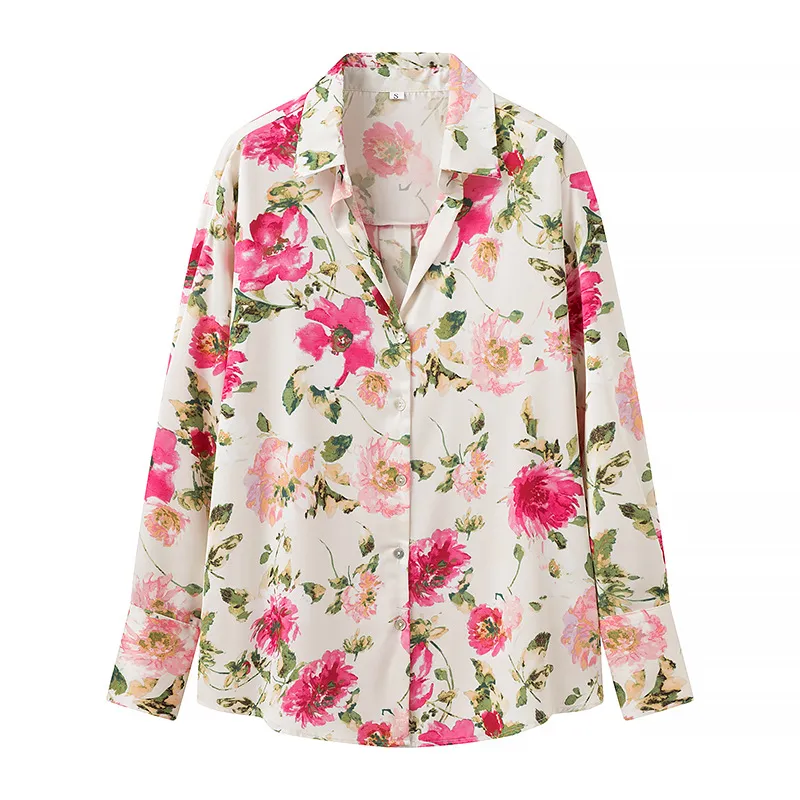 Women's Casual Vacation Style Loose Floral Print Silk Texture Shirt - White