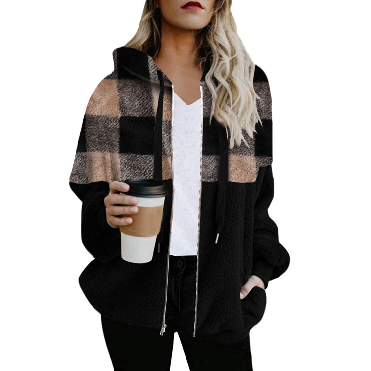 Plaid Color Matching Plush Hooded Sweater Zipper Jacket Pink And Black Plaid - Shop at LoveMi