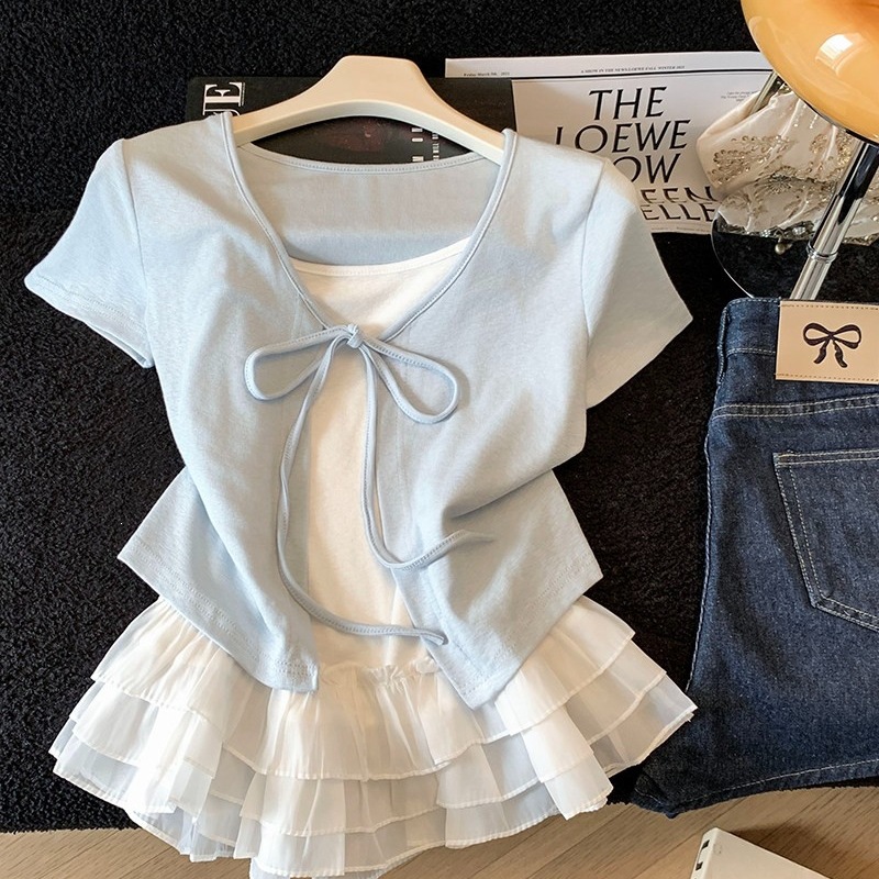 Gentle-style Two-piece Set Frilled-strap Camisole And Lace-up Cardigan Top