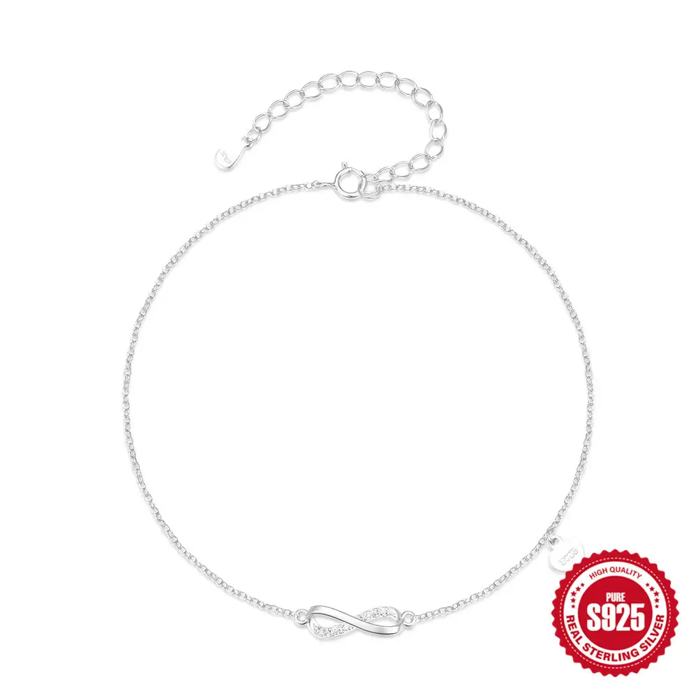 925 Sterling Silver Simple Infinite Symbol 8-word Diamond Love Anklet