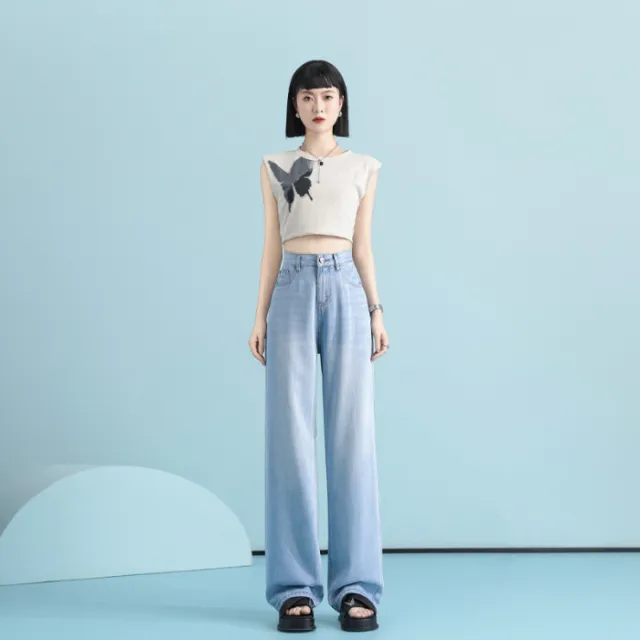 Lyocell Jeans Thin Super Soft Texture Mopping High Waist Wide Leg Jeans 826 Ice Blue Trousers - Shop at LoveMi