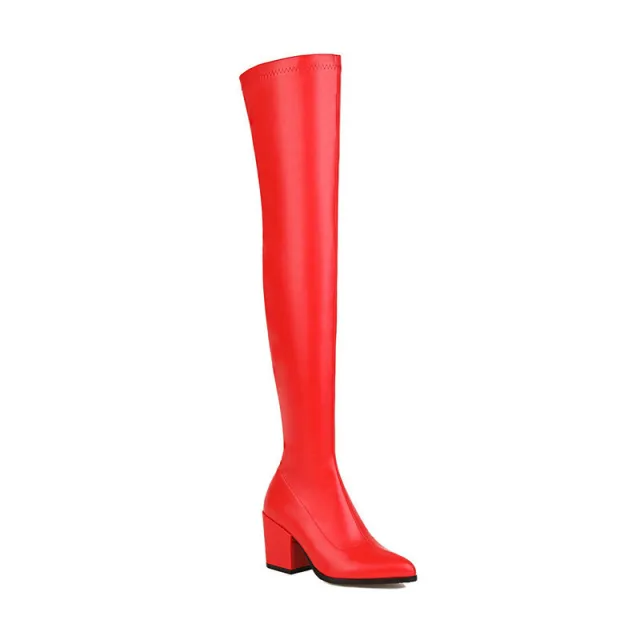 Over the knee Thick Heel High Heel Korean Style Slimming High Leg Boot Elastic Chunky Heel Pointed Thin Red - Shop at LoveMi