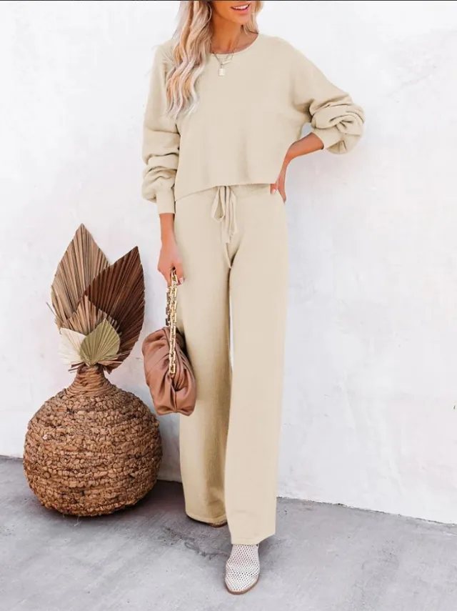 Casual Solid Color Long sleeved Trousers Two piece Set Light Brown - Shop at LoveMi