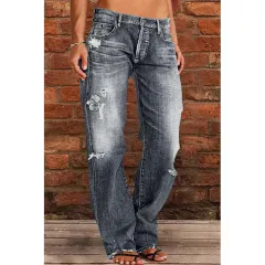 Women's Denim Trend Mid Waist Ripped Leisure Straight-leg Pants - Grey - View 1