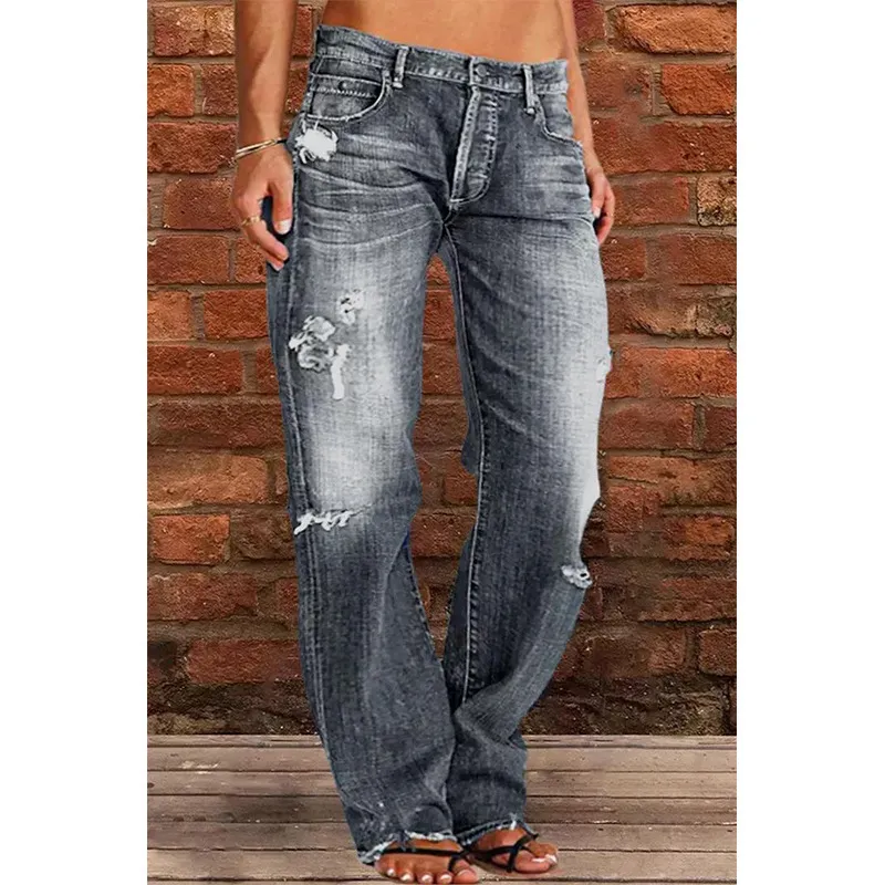 Women's Denim Trend Mid Waist Ripped Leisure Straight-leg Pants - Gray