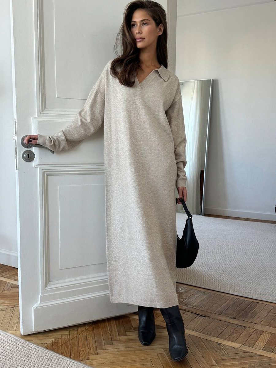 Retro Lazy Style Scissors Collar Long sleeved Knitted Women's Dress Khaki Single Skirt - Shop at LoveMi