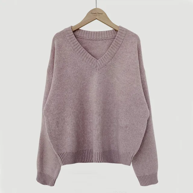 South Korea Basic Style V neck Pullover Sweater Thermal Knitting Dark Pink - Shop at LoveMi