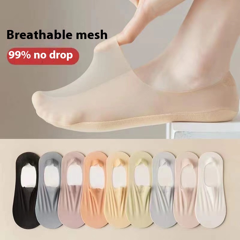 Breathable Women's Invisible Summer Socks. Product information: Pattern: solid color. Color: black, white, pink, light skin, blue, orange, light gray, light green, purple. Specifications: Bare socks, white paper card packaging. Main fabric composition: Co